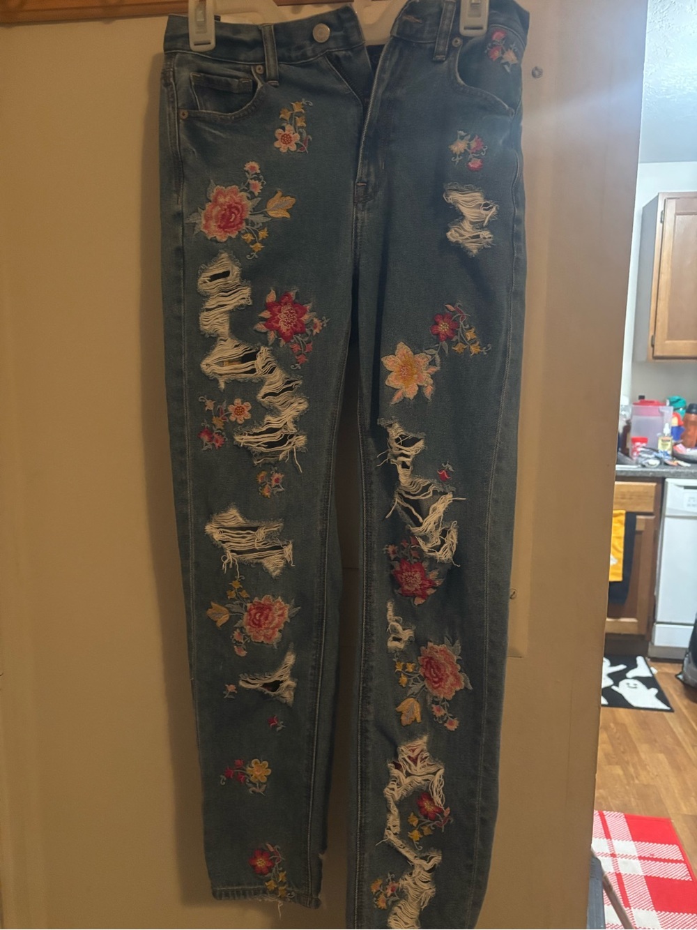 American Eagle Outfitters Dark Blue Skinny Jeans with Floral Embroidery